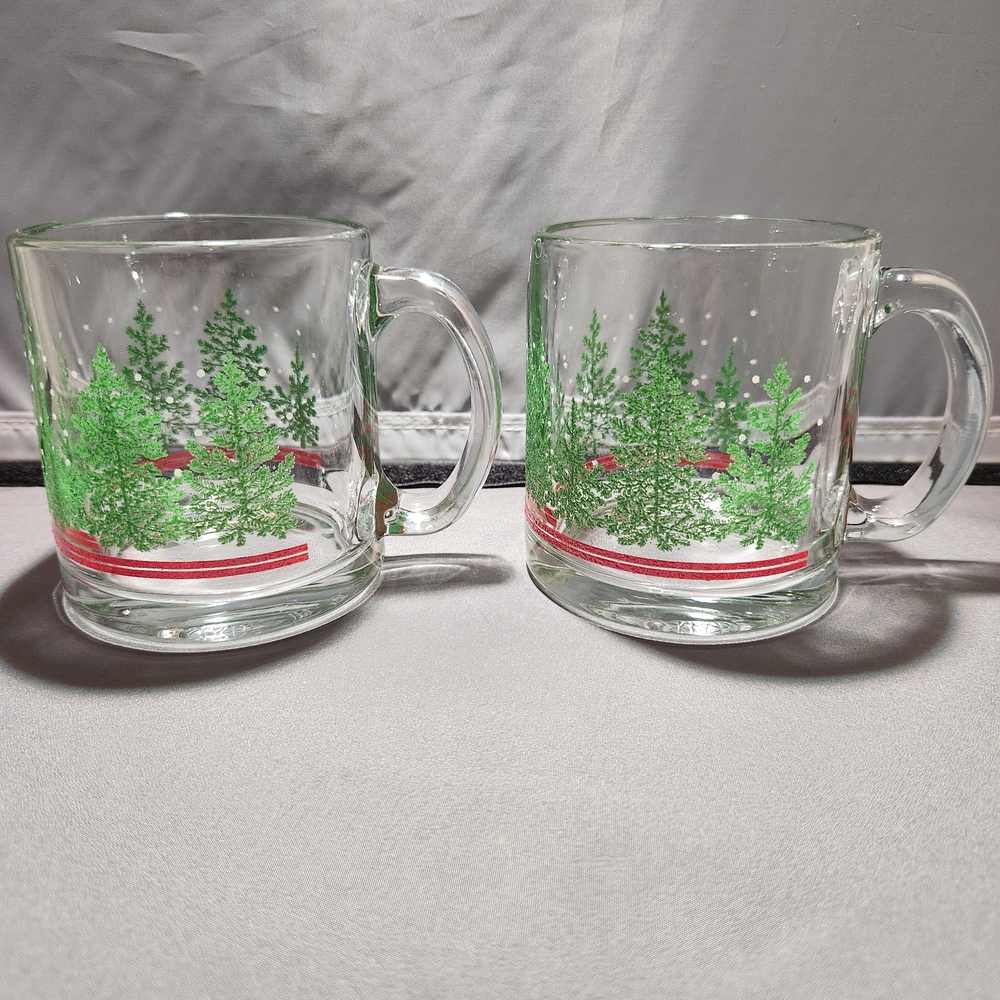 Holiday Christmas Winter Tree Glass Mugs - Set of 2 Made In USA